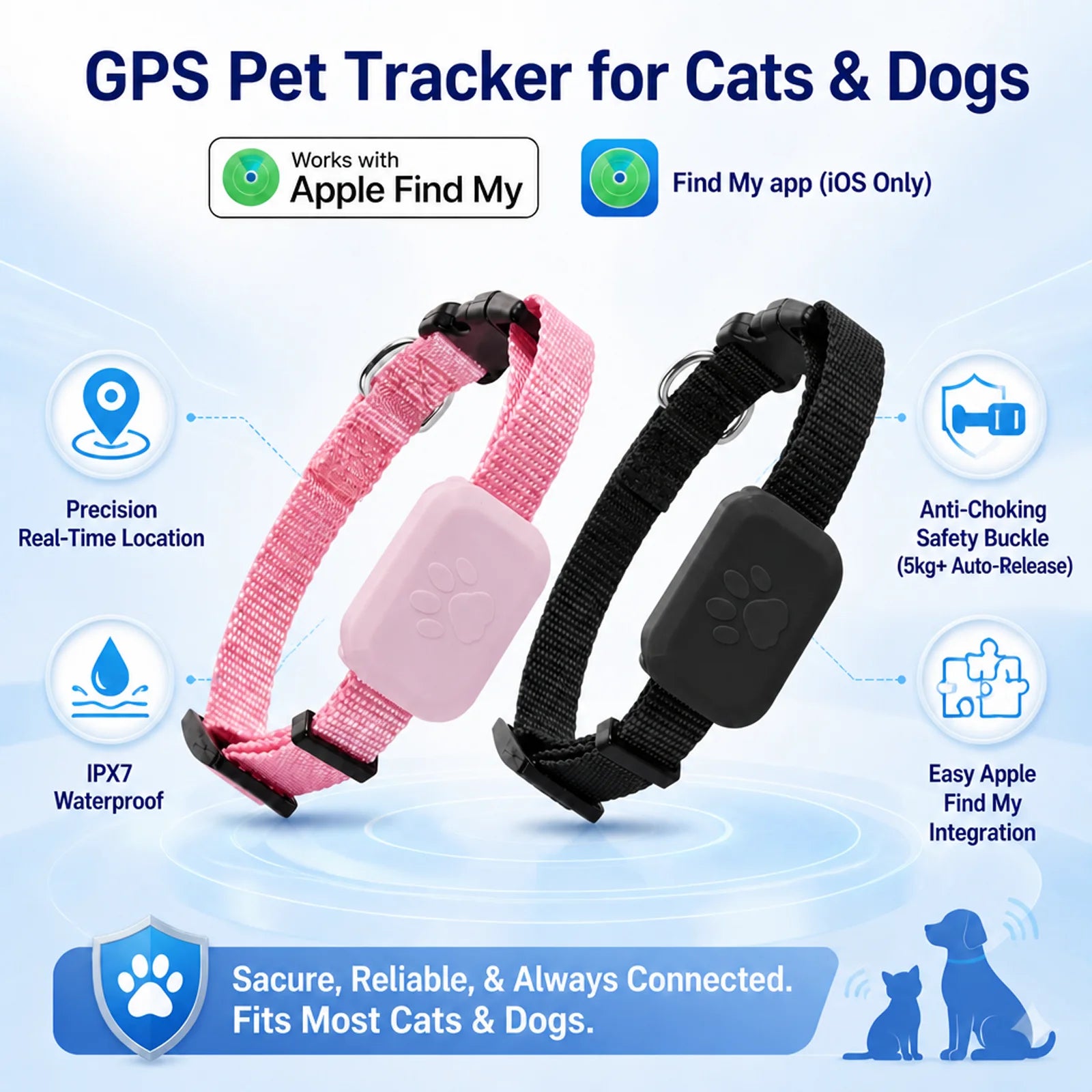 Pawvera™ Smart Pet GPS Tracker Collar – Works with Apple Find My, No Monthly Fees, Waterproof & Real-Time Tracking